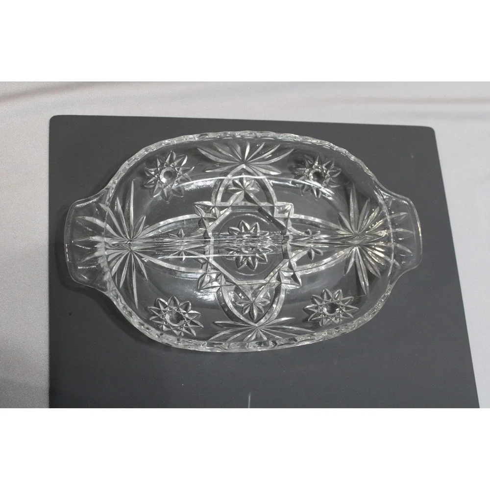 Vintage Clear Pressed Glass Divided Relish Dish Starburst Pattern Oval 9.5 Inch